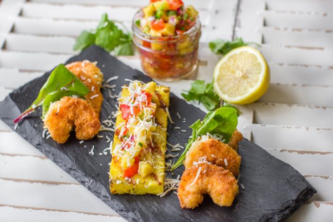 Coconut Shrimp with Sacha Inchi Powder & Pineapple Salsa on Slate Tray | Vitacost.com/blog