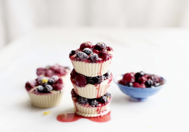 4th of July Desserts: Mini Freezer Pies  3 Mixed-Berry Mini Freezer Pies Stacked on Marble Counter | Vitacost.com/blog