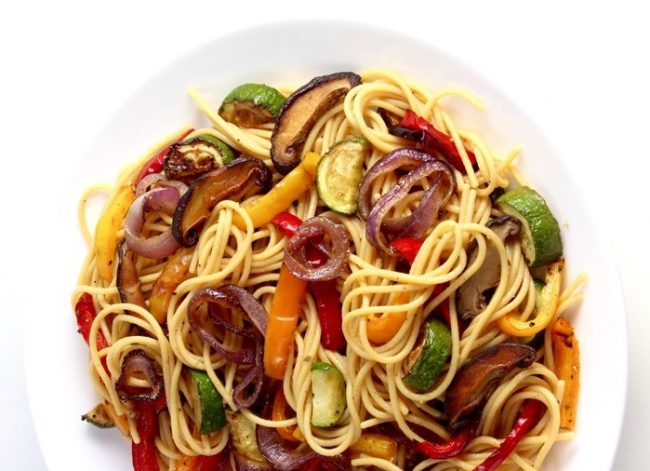 Vegan Chickpea Spaghetti with Roasted Vegetables and Homemade Dressing | Vitacost.com/Blog