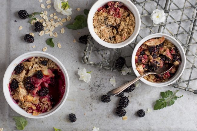 Blackberry Recipes Include This Oatmeal in White Bowls on Kitchen Counter | Vitacost.com/blog
