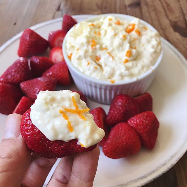 Ramekin Filled with Cream Cheese Fruit Dip & Topped with Orange Zest on a Plate with Strawberries | Vitacost.com/blog