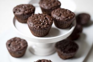 4 Low-Calorie Chocolate Muffins with Chocolate chips on a White Cake Stand #recipe | Vitacost.com/blog