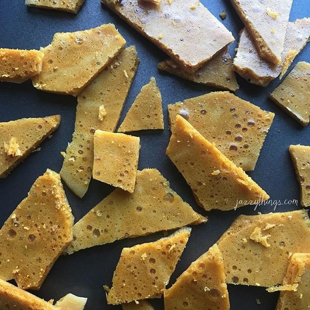 Honeycomb Candy with Corn Syrup Substitute  Honeycomb Candy Pieces with a Corn Syrup Substitute on Baking Sheet #recipe | Vitacost.com/blog