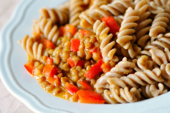 Lentil & Red Pepper Slow Cooker Pasta Recipe Slow Cooker Pasta with Lentils & Red Peppers on White Plate | Vitacost.com/blog