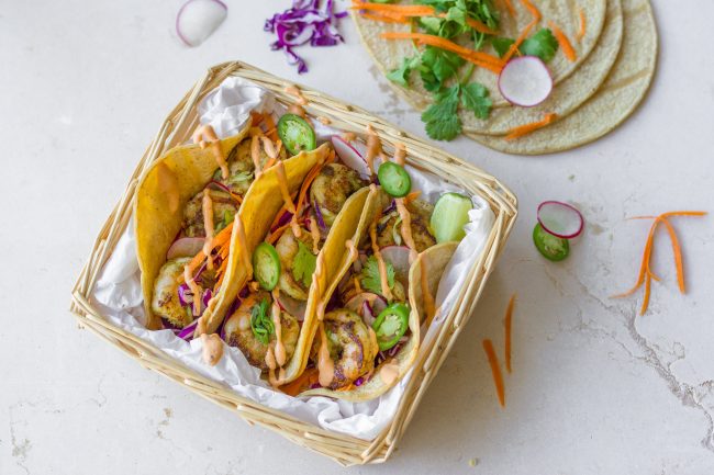 Easy Tailgate Food: Shrimp Tacos  A Basket of 3 Shrimp Tacos with Peppers & Carrots is the Perfect Tailgate Food | Vitacost.com/blog