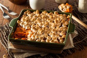Cinnamon Marshmallow Sweet Potato Casserole in Square Baking Dish | Vitacost.com/blog