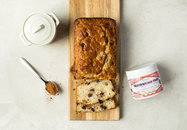 Chocolate Chip Banana Bread on Wood Cutting Board is the Collagen Food You Need for Breakfast #recipe | Vitacost.com/blog