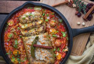 Cast Iron Skillet with Meatless Meatloaf in Salsa Picante #recipe | Vitacost.com/blog