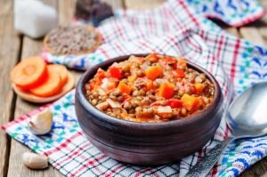 Bowl of vegetarian chili with hemp seeds