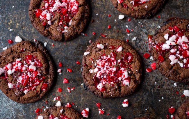 Chocolate Peppermint Cookies on Slate Board with Crushed Peppermint Candies #recipe| Vitacost.com/blog