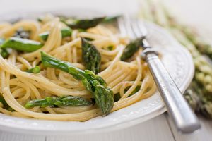 Asparagus & Brown Rice Noodle Recipe in White Bowl | Vitacost.com/blog