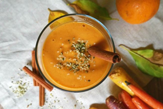 Carrot Smoothie With Ginger, Cinnamon & Hemp Seeds Orange Carrot Smoothie With Hemp Seeds Sprinkled on Top | Vitacost.com/blog