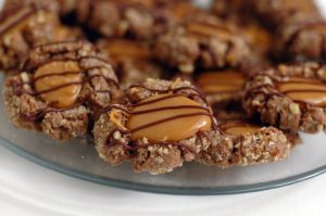 Chocolate Turtle Cookies with Caramel Centers on a Glass Platter | Vitacost.com/blog