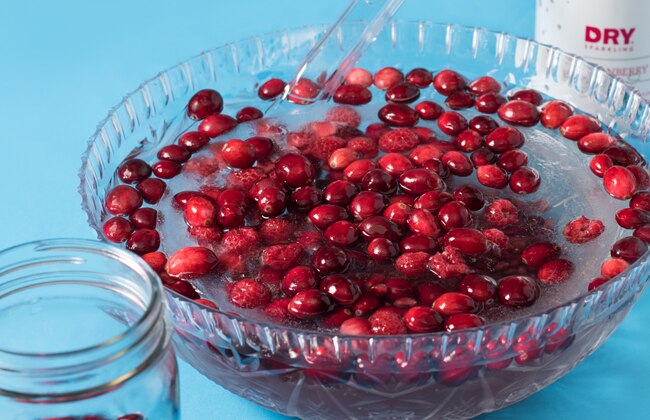 Colorful cranberry mocktail with fancy ice ring in punch bowl