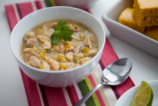 Crockpot White Bean Chicken Chili in White Bowl | Vitacost.com/blog
