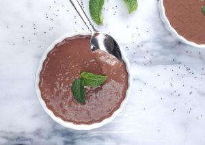 White Ramekin with Overnight Mocha Chia Pudding Recipe with Mint Leaves on Top | Vitacost.com/blog
