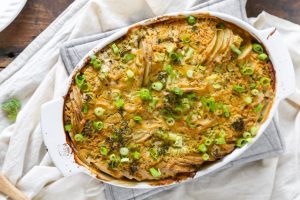 Vegan Cheesy Scalloped Potato Casserole in White Pan | Vitacost.com/blog