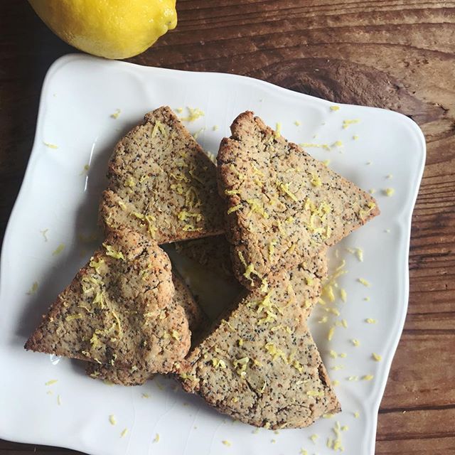 Lemon Poppy Seed Scones Recipe Lemon Poppy Seed Scones on a White Square Plate on Wood Table with Lemon Zest #recipe | Vitacost.com/blog