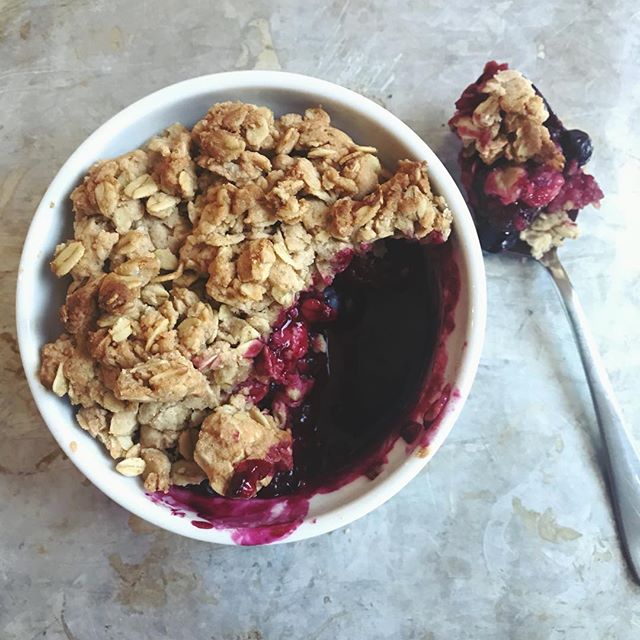 Blueberry Crumble for One  Blueberry Crumble for One in a Large White Ramekin with a Spoonful of Cobbler on the Side #recipe | Vitacost.com/blog
