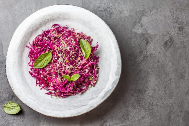 Red Cabbage Salad with Bean Sprouts in a White Bowl | Vitacost.com/blog