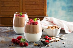 2 Small Glasses of Chocolate Pudding Parfait with Whipped Cream Layer & Fresh Raspberries #recipe| Vitacost.com/blog