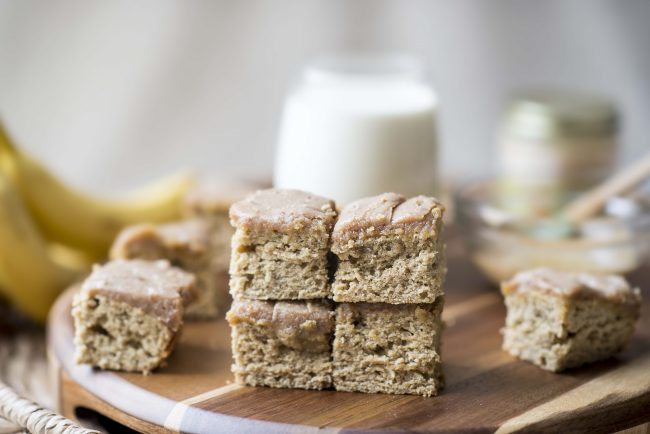 Banana Bar Recipe with Caramel Icing Banana Bar Recipe: 4 Stacked Squares with Caramel Icing Taste Great with a Glass of Milk | Vitacost.com/blog