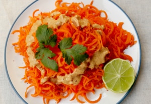 Homemade Spiralized Carrot Salad with Chili-Almond Dressing Topped with Fresh Cilantro | Vitacost.com/Blog