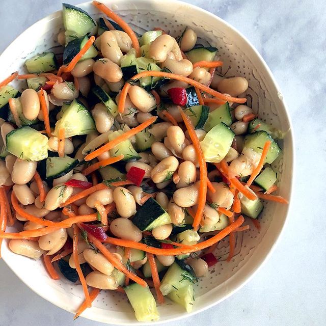 Bowl of White Bean Salad with Carrots, Cucumber & Red Bell Peppers #recipe | Vitacost.com/blog