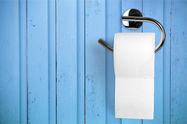 Toilet Paper Roll on Blue Bathroom Wall is Important for Regularity & Healthy Bowel Movements – Get More Tips | Vitacost.com/blog