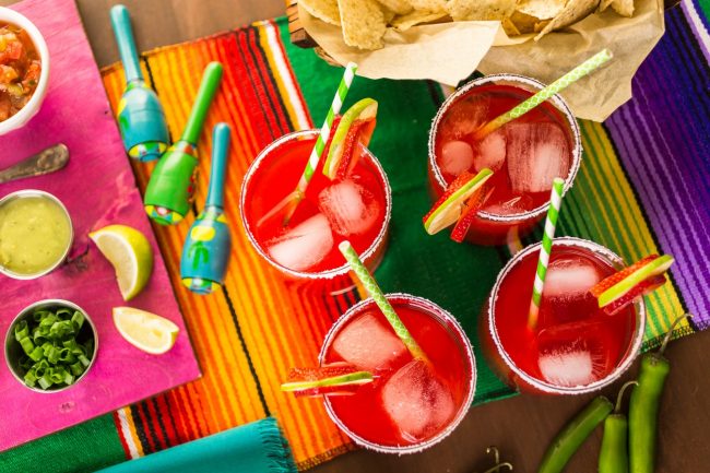 Overhead Shot of Cinco de Mayo Drinks, Chips & Decorations on a Table | Vitacost.com/blog