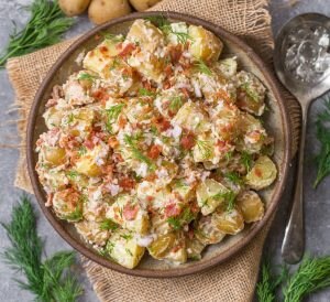 Wooden Bowl of Dill Potato Salad Uses Baobab Fruit, Bacon & Shallots #recipe | Vitacost.com/blog