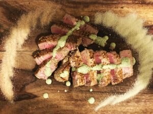 Seared Tuna With Wasabi Salt & Spicy Lime Sauce on Cutting Board #recipe | Vitacost.com/blog