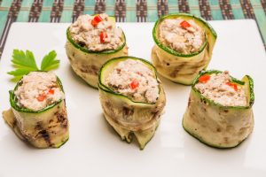 Zucchini Roll Ups with Salmon Salad on White Plate | Vitacost.com/blog