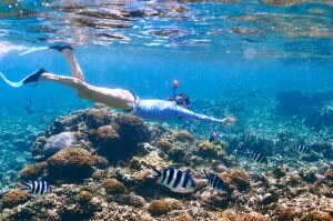 Woman with Reef-Safe Sunscreen Swims Near Coral Reef