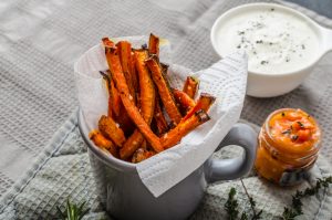 Baked Carrot Fries in Tin Cup with Dips | Vitacost.com/blog