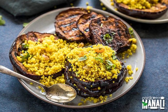 Grilled Eggplant With Turmeric Quinoa on Pottery Plate #recipe | Vitacost.com/blog