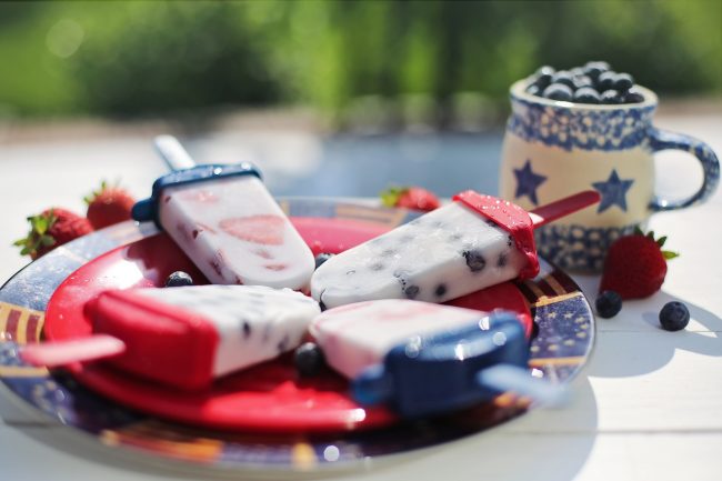 Strawberry & Blueberry Yogurt Pops on Red & Blue Plate Make Perfect Fourth of July Desserts #recipe | Vitacost.com/blog