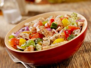 Healthy Chicken Salad (No Mayo) in Bowl with Veggies and Dressing | Vitacost.com/blog