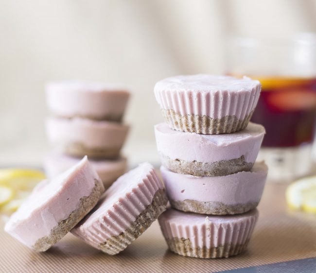 Pink Lemonade Pie Minis Stacked on Counter #recipe | Vitacost.com/blog