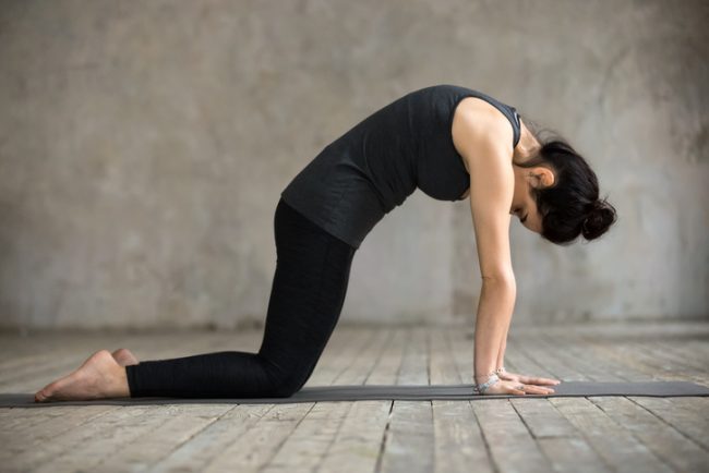 Woman Practicing Cat Pose to Soothe During Post-Natal Yoga | Vitacost.com/Blog