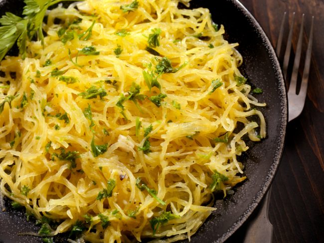 Baked Spaghetti Squash on Black Plate | Vitacost.com/blog