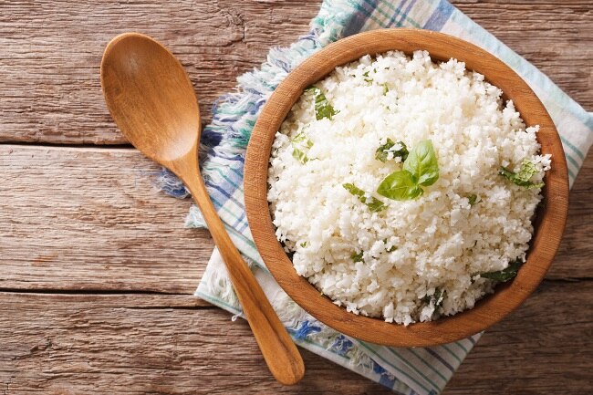 Cauliflower Rice with Coconut Cream  Coconut Cauliflower Rice in Wooden Bowl | Vitacost.com/blog
