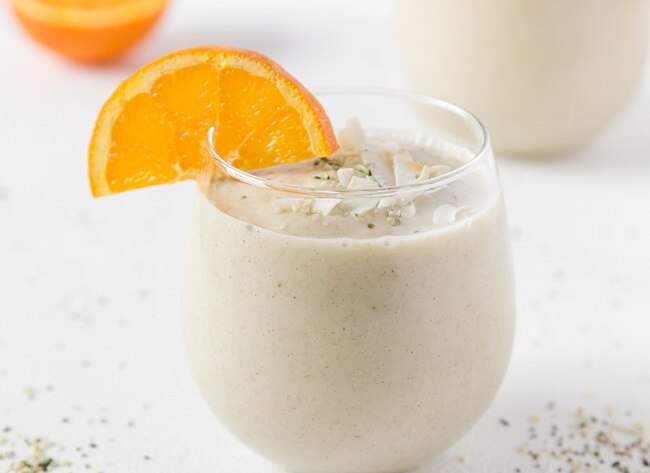Superfood Orange Smoothie Recipe  Superfood Orange Smoothie in Small Glass Cup | Vitacost.com/blog