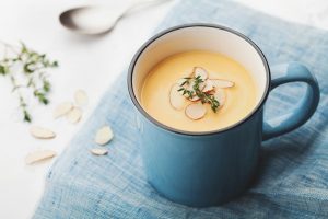 Vegan Pumpkin Soup with Almond in Large Blue Mug | Vitacost.com/blog