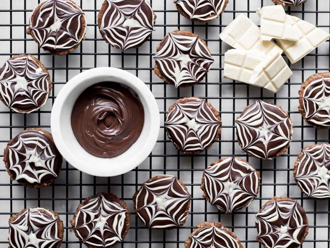 Halloween Cookies Made of Pecans & Spelt with Spider Web Icing