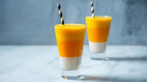 Two Candy Corn Smoothie in Glasses | Vitacost.com/blog