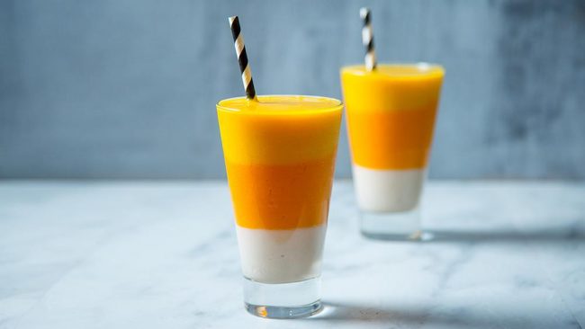 Healthy Candy Corn Smoothie with Protein Two Candy Corn Smoothie in Glasses | Vitacost.com/blog