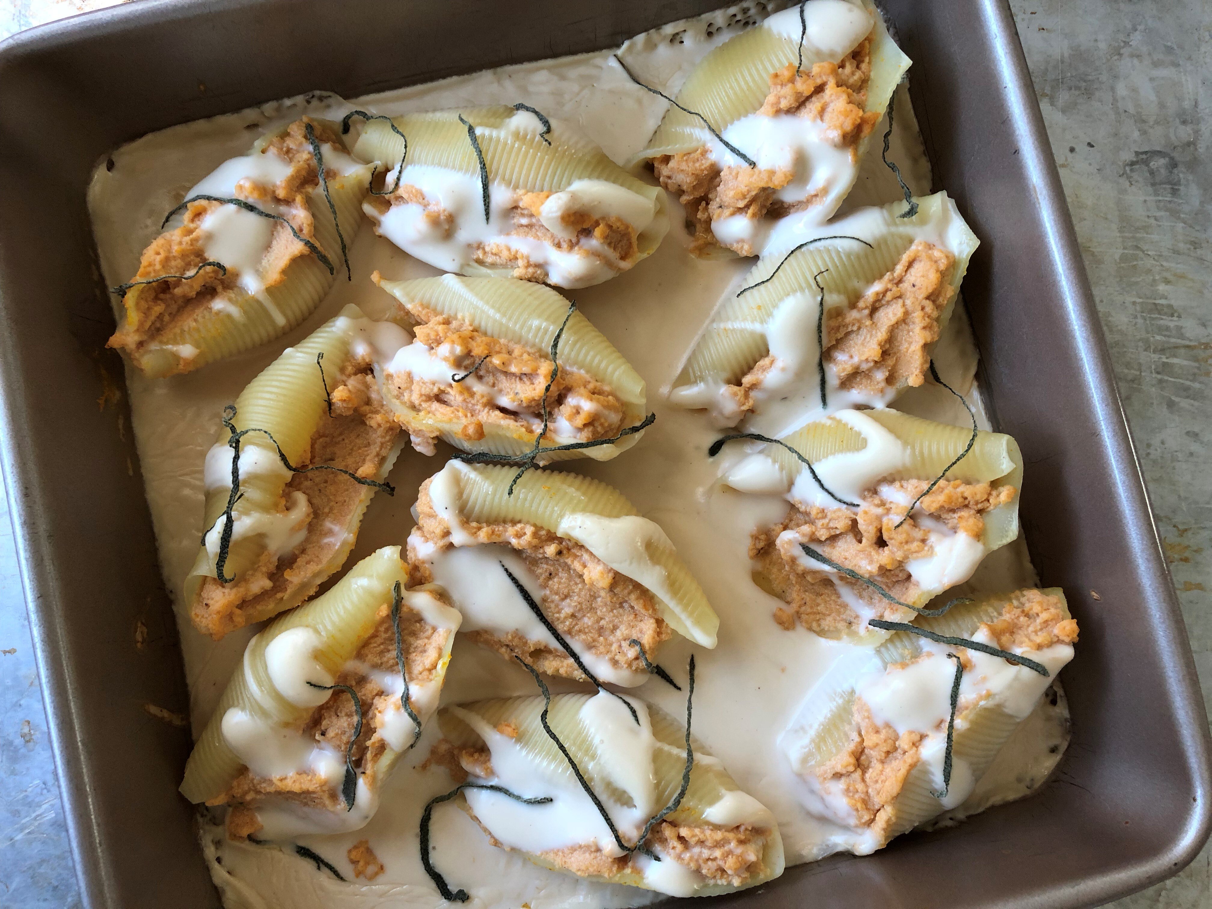 Pumpkin Stuffed Shells in Baking Dish