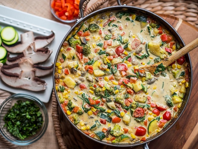 Vegetable Cream Sauce (Vegan) Vegan Cream Sauce with Vegetables in Large Skillet | Vitacost.com/blog