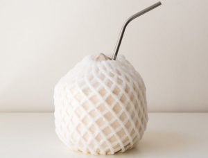 Whole Coconut Wrapped in White Mesh with Metal Straw as one of Celebrities Favorite Foods | Vitacost.com/blog